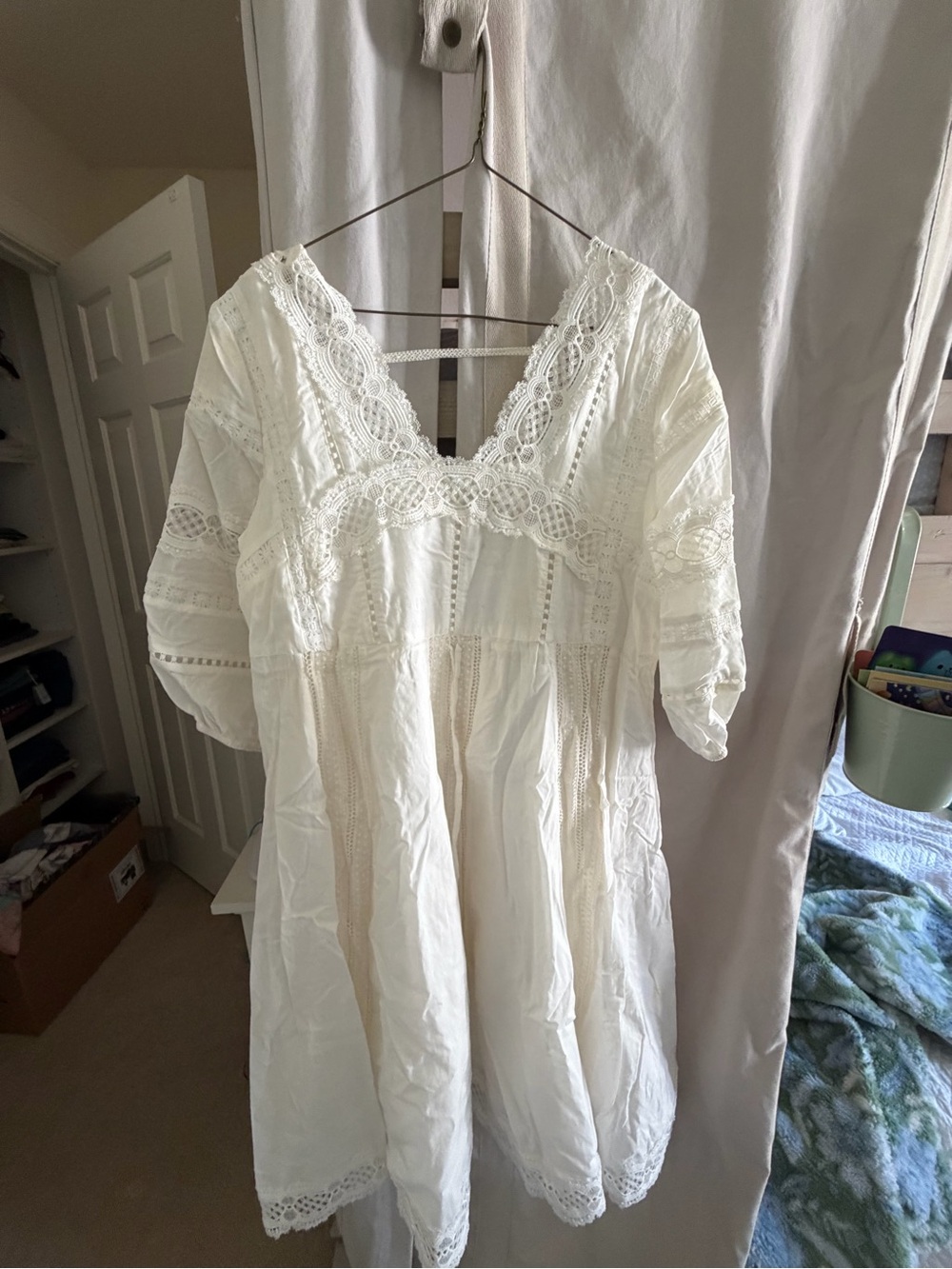 White Lace-Trim Mini Dress with V-Neck